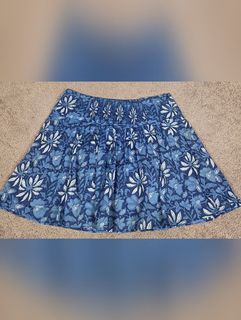 Banana Republic Blue Floral Smocked Waist Skater Skirt